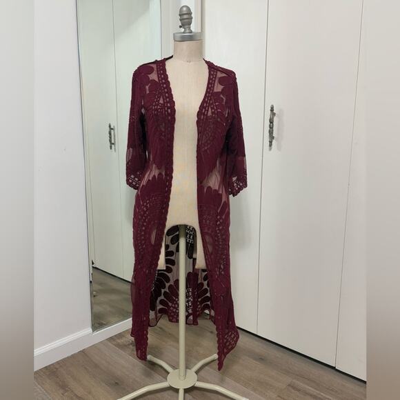 Rebellion Again Burgundy Woman's Lace Open Front Long Kimono Cardigan Small - Picture 1 of 6